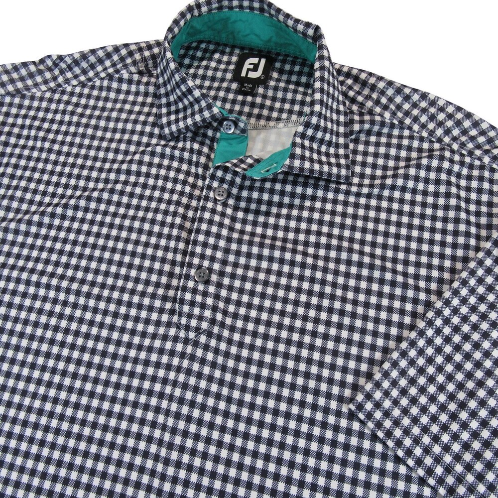 Footjoy Mens Polo Shirt M Navy Blue Gingham Check Stretch Polyester Pocket